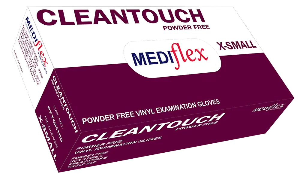 Mediflex Cleantouch extra small powder free vinyl gloves box by Mediflex for examination use.